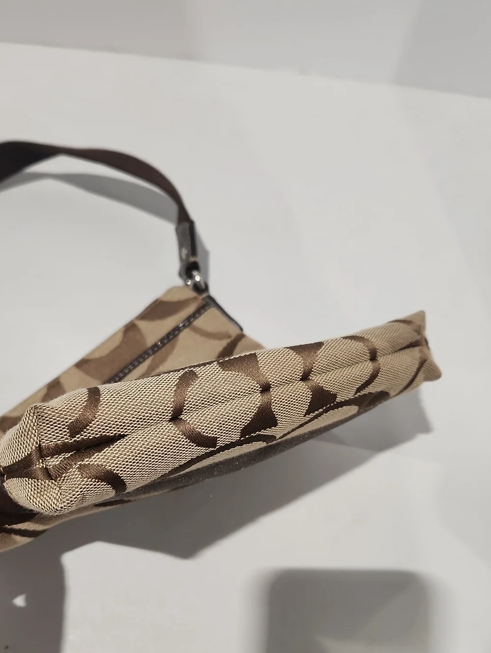 Coach Signature Print Stripe Swing Pack Crossbody Bag Khaki Tan